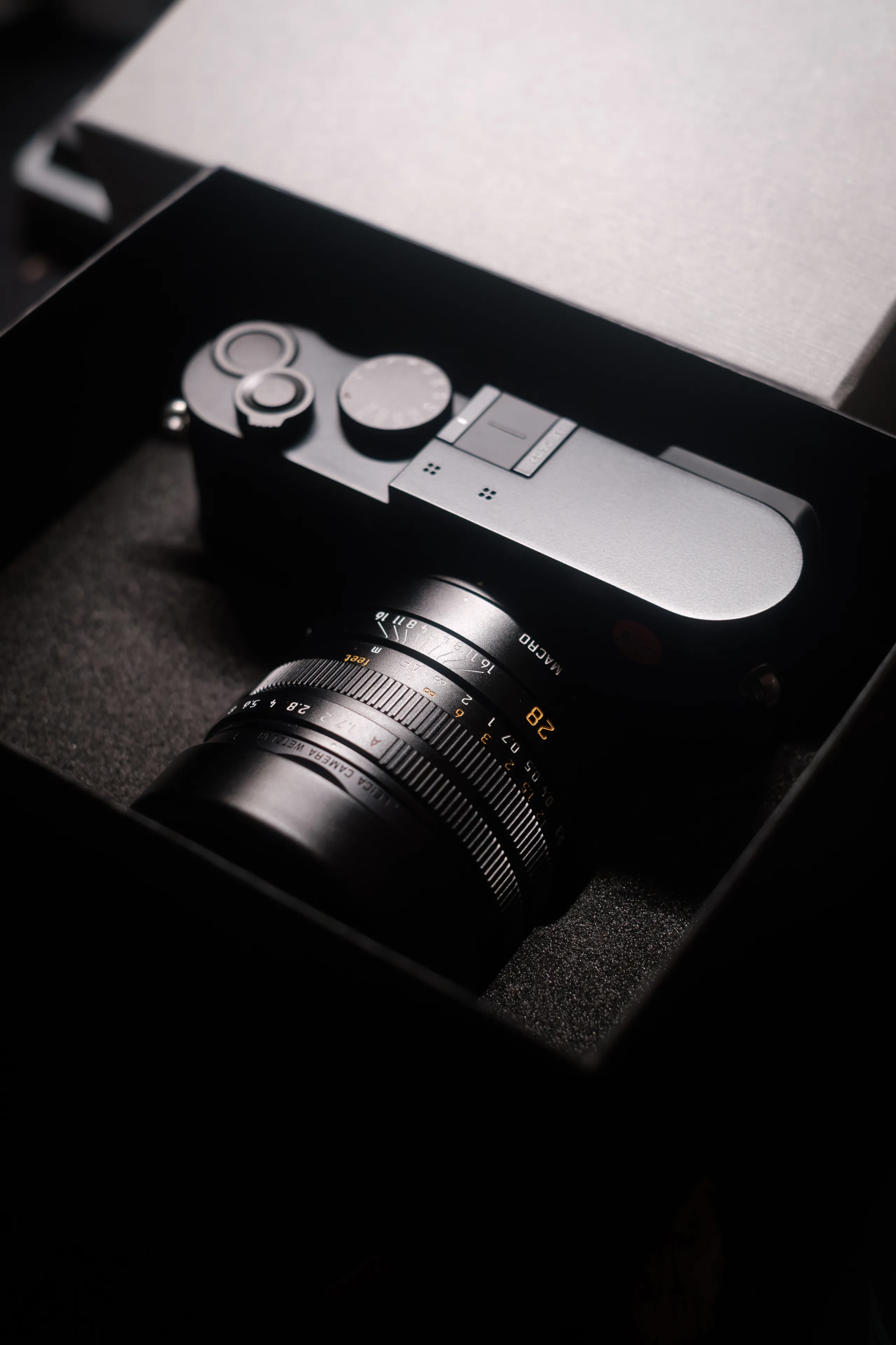 Leica camera and lens resting in its case