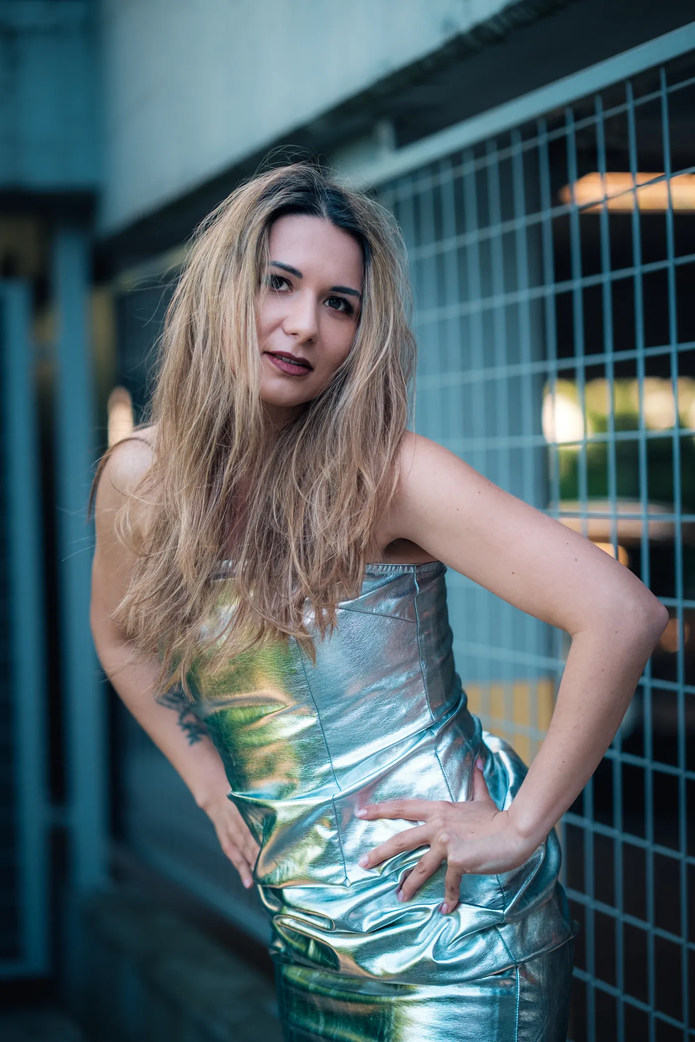 Portrait in metallic dress by fence